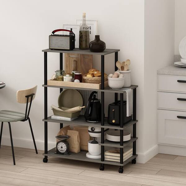 Furinno Turn-N-Tube 4-Tier French Oak Grey and Black Kitchen Wide