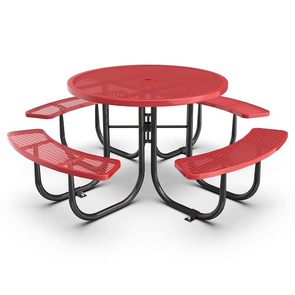 Unbranded 78 in. Red Round Steel Picnic Table and Chair Set Seats 8 People with Umbrella Hole