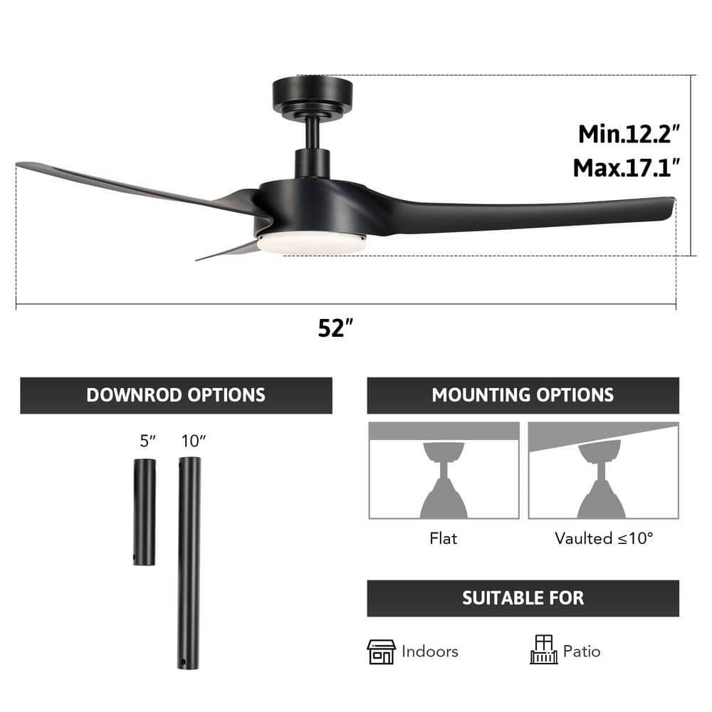 52" Black Matte Smart Ceiling Fan with Dimmable LED Light and Remote