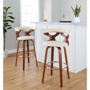 Gardenia 29.25 in. Cream Faux Leather, Walnut Wood, and Chrome Metal Fixed-Height Bar Stool (Set of 2)