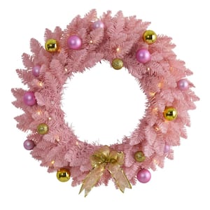 24 in. Pink Pre-Lit Artificial Christmas Wreath with 35 LED Lights and Ornaments