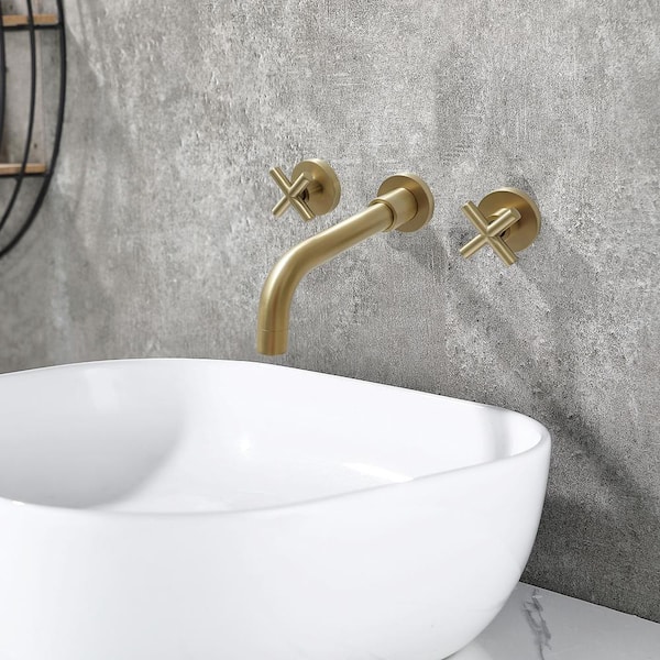 2-Handle Wall Mount Bathroom Faucet with Cross Handles in Brushed