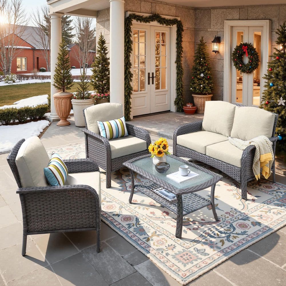 Denali Gray 4-Piece 4-Seat Wicker Modern Outdoor Patio Conversation Sofa Seating Set with Beige Cushions price history on PriceWatchPro
