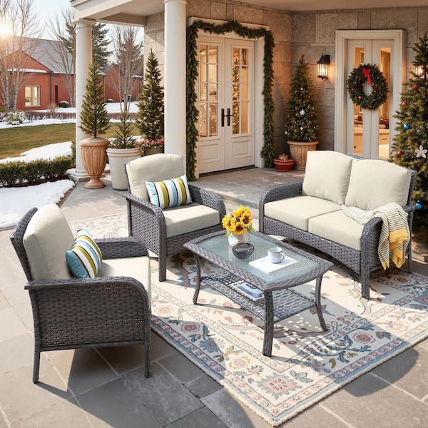 Toject Denali Gray 4-Piece 4-Seat Wicker Modern Outdoor Patio Conversation Sofa Seating Set with Beige Cushions