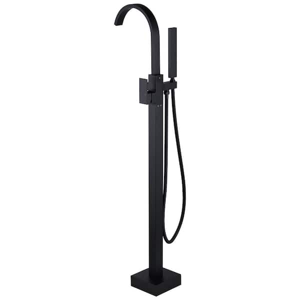 AVITAS Single-Handle Waterfall Floor Mount Freestanding Tub Faucet Bathtub Filler with Hand Shower in Matte Black