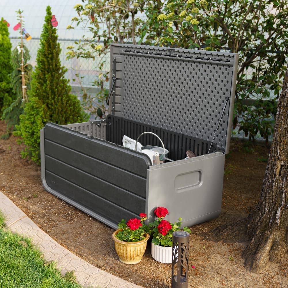 Gray Lockable Plastic Outdoor Storage Deck Box, 136 Gallon