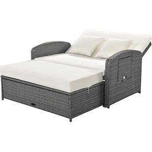 Wicker Outdoor Sectional Sofa for 2, Double Sofa Adjustable Back plus Seat Cushion with Cushion Cover White