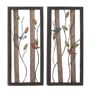 Metal Black Bird Wall Decor with Real Wood Detailing (Set of 2)