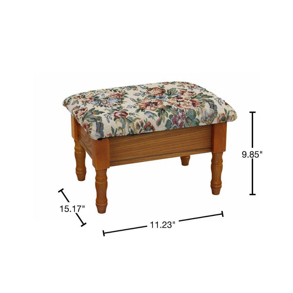 Modern Oak Finish Round Storage Footstool with Cream Damask Seat