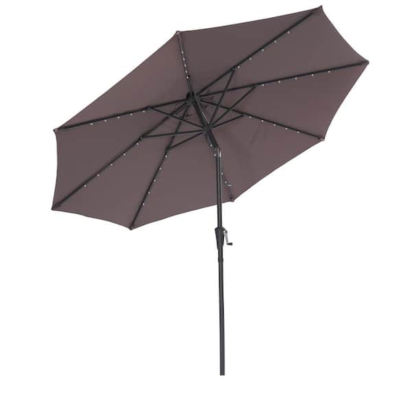 FORCLOVER 9 ft. Steel Market Solar 40 LED Lights Push Button Tilt Patio Umbrella in Brown with Crank
