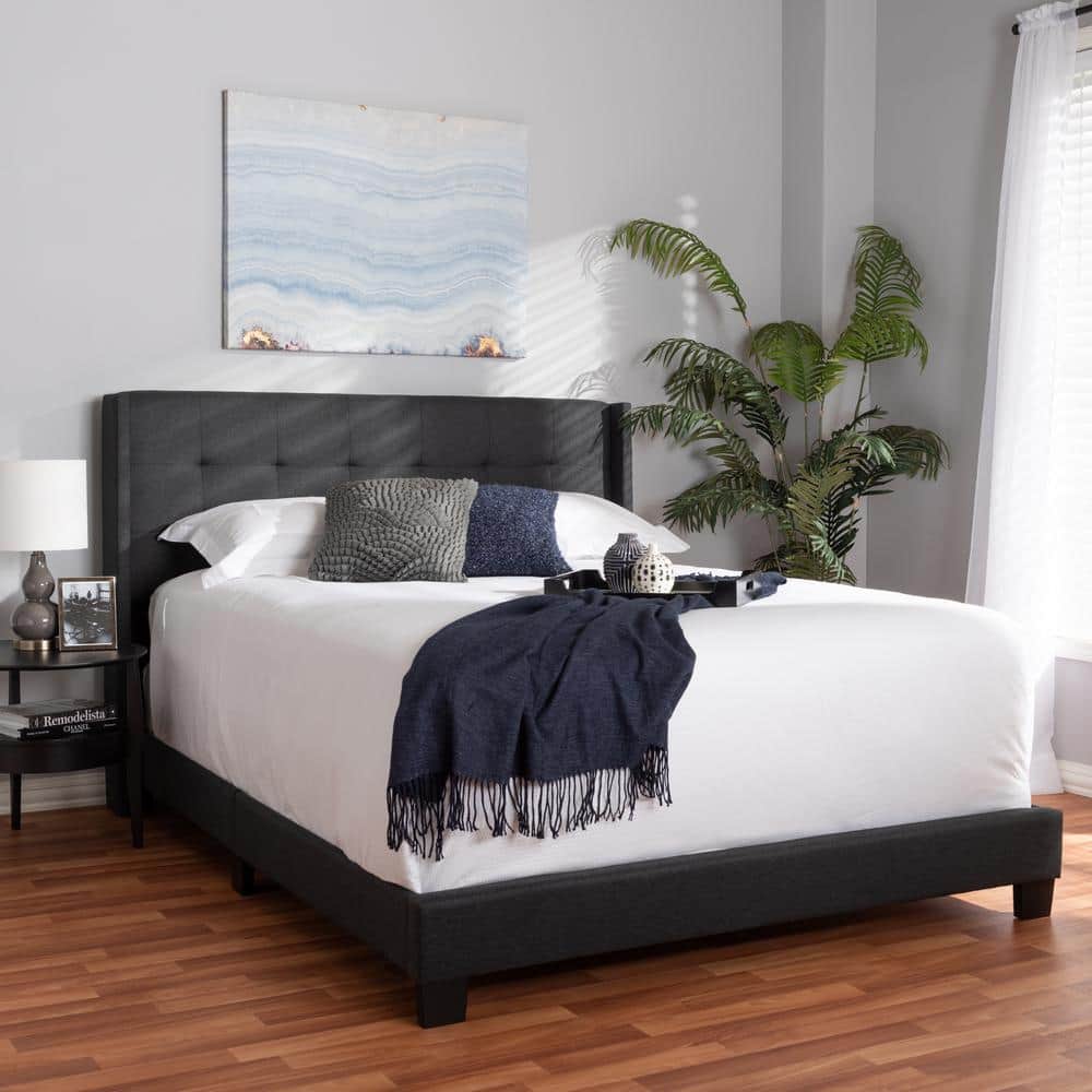 Charcoal Gray Upholstered Queen Bed with Tufted Headboard