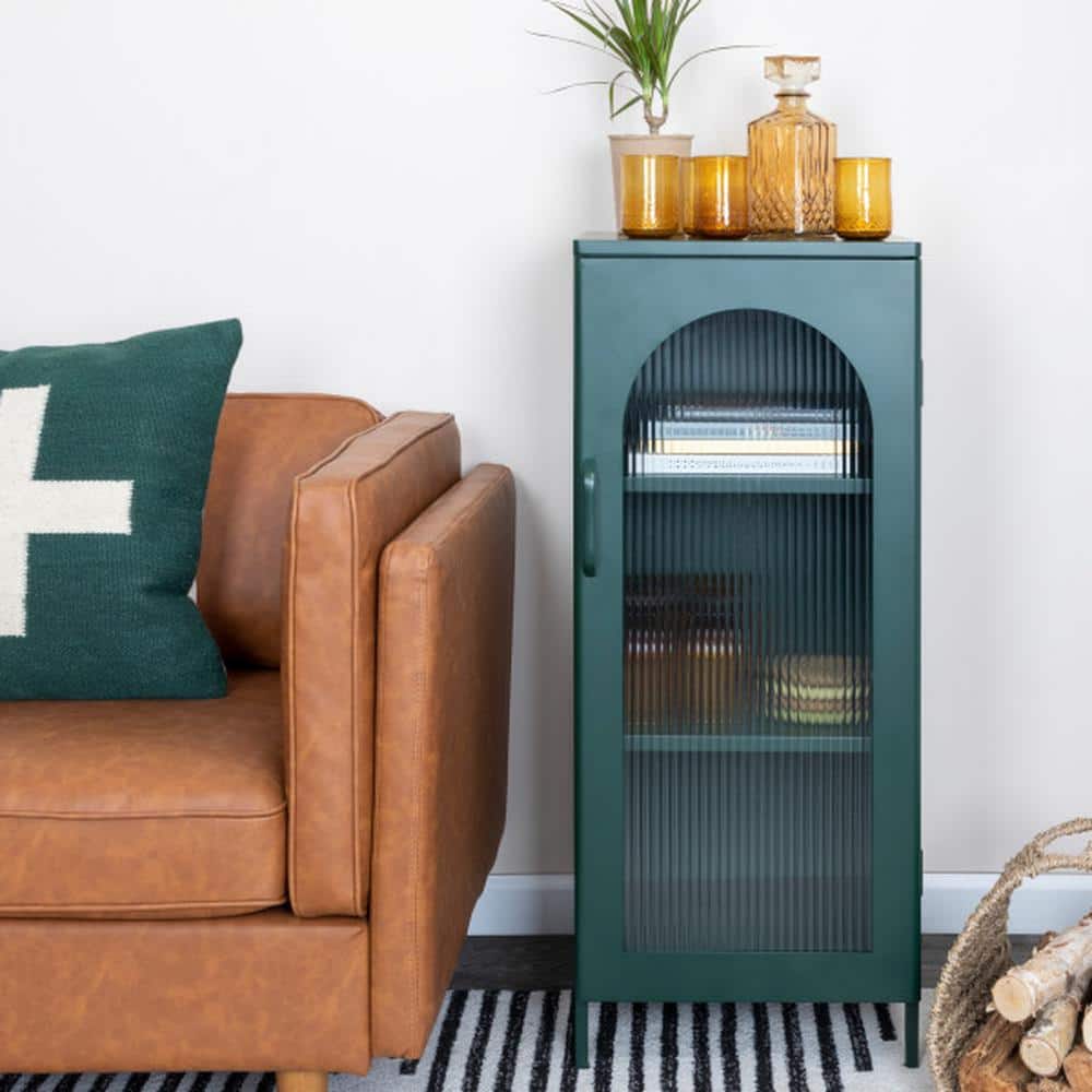 Solstice Arched Glass Door Metal Storage Cabinet in Dark Green