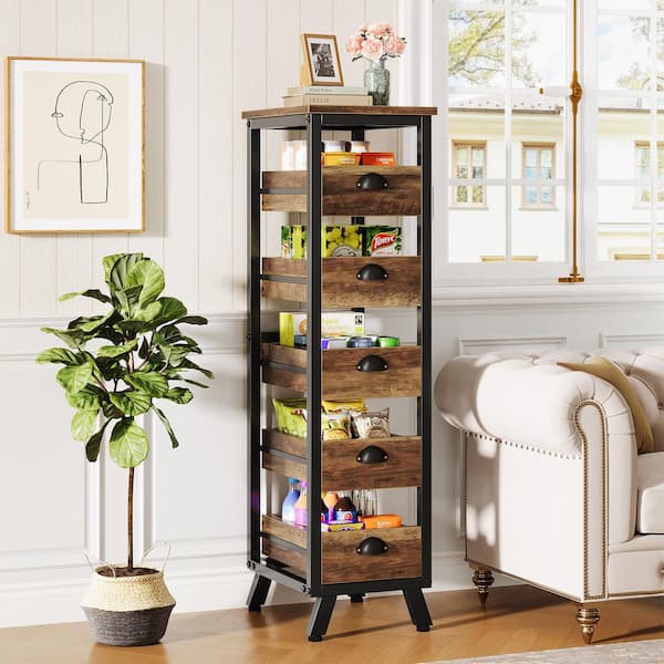 Keenyah Brown 5+-Shelf Wood 11.81 in. W Baker's Rack, 5-Tier Snack Stand Pull-Out Organizer for Kitchen Living Room