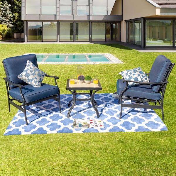 3-Piece Metal Rocking Square Outdoor Bistro Set with Blue Cushion