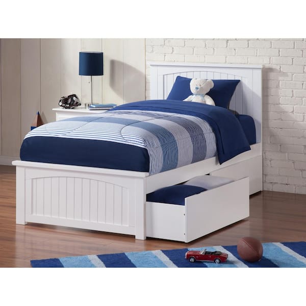 Nantucket White Twin XL Solid Wood Storage Platform Bed with Matching Foot Board and 2 Bed Drawers