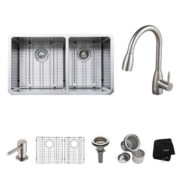 KRAUS All-in-One Undermount Stainless Steel 33 in. Double Bowl Kitchen Sink with Faucet and Accessories in Stainless Steel