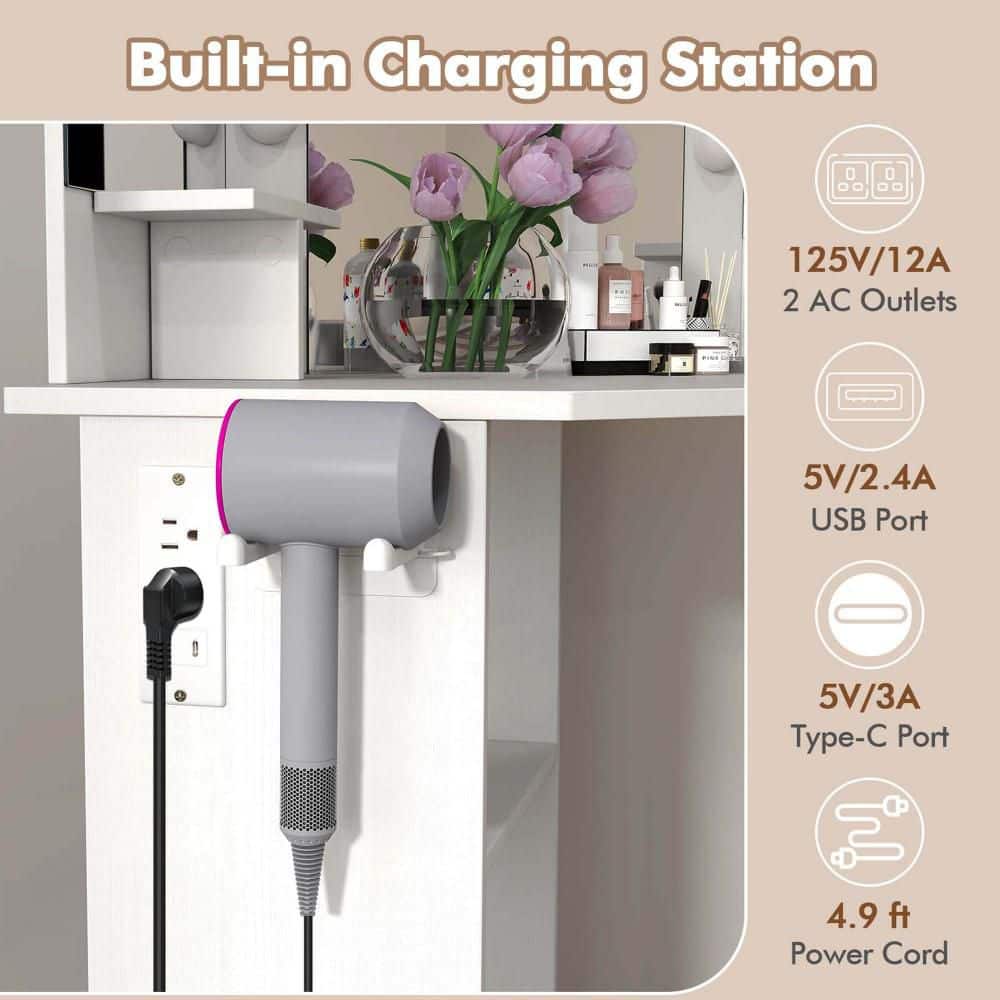 1-Piece White Corner Makeup Vanity Desk Cosmetic Vanity Station with LED Mirror and Power Outlets - thumbnail 5