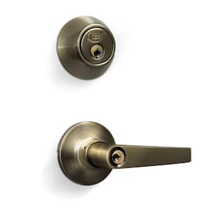 Antique Brass Entry Lock Set Door Lever Handle and Deadbolt Keyed Alike SC1 Keyway. 16 Total Keys, Keyed Alike by Set