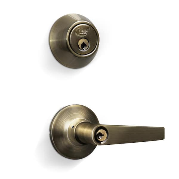 Premier Lock Antique Brass Entry Lock Set Door Lever Handle and Deadbolt Keyed Alike SC1 Keyway. 16 Total Keys, Keyed Alike by Set