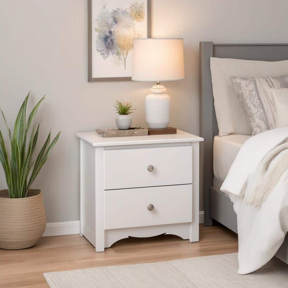 White 2-Drawer Wooden Nightstand with Pewter Knobs