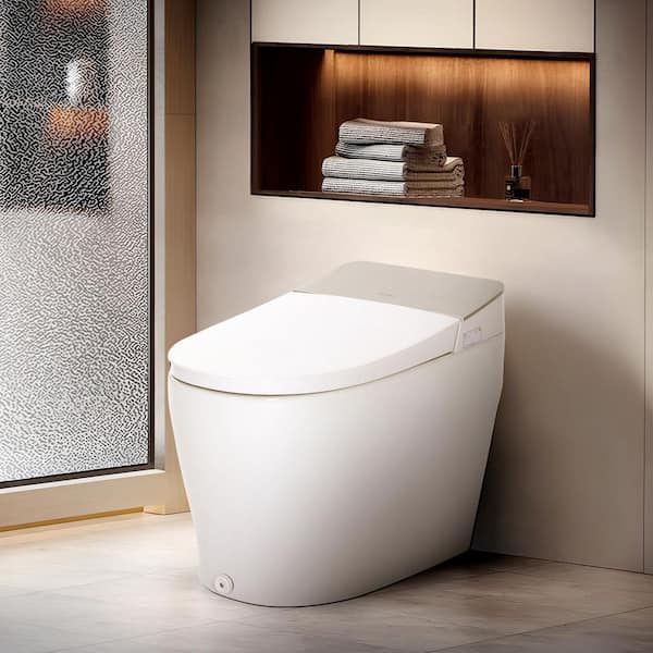Elongated Smart Toilet Bidet in White with Auto Open/Close, Auto Flush, Heated Seat, Warm Air Dryer and Foot Sensor