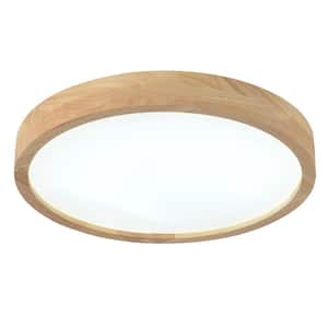 15.74 in. Log Color Wood Dimmable Flush Mount LED Ceiling Light with Remote and Integrated LED Light Source Included
