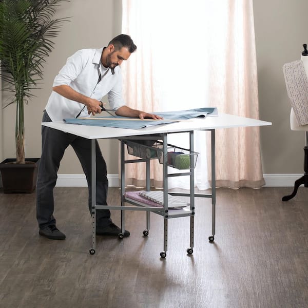 Hobby Craft 60 in. W x 36 in. D MDF Folding Cutting Table with 2 Drawers, Adjustable Height, Silver / White