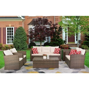6-Piece Wicker Outdoor Patio Conversation Set with Beige Cushions