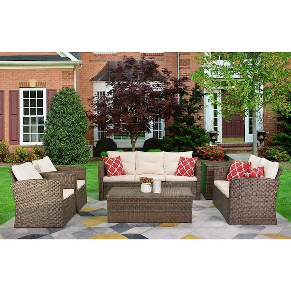 EDYO LIVING 6-Piece Wicker Outdoor Patio Conversation Set with Beige Cushions