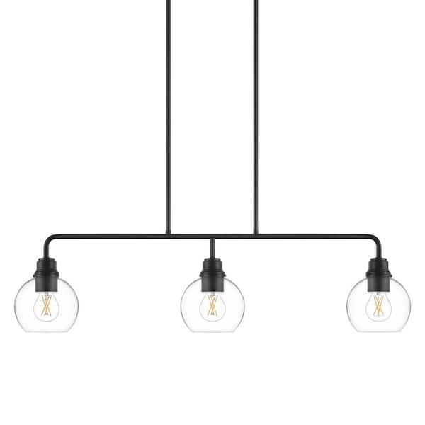 Florabelle 3-Light Island Pendant Light Matte Black Finish Clear Globe Glass Shades