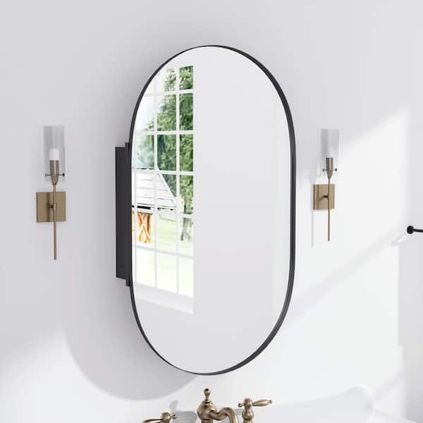Lirago 22 in. W x 38 in. H Oval Recessed Surface Mount Medicine Cabinet Mirror in Black