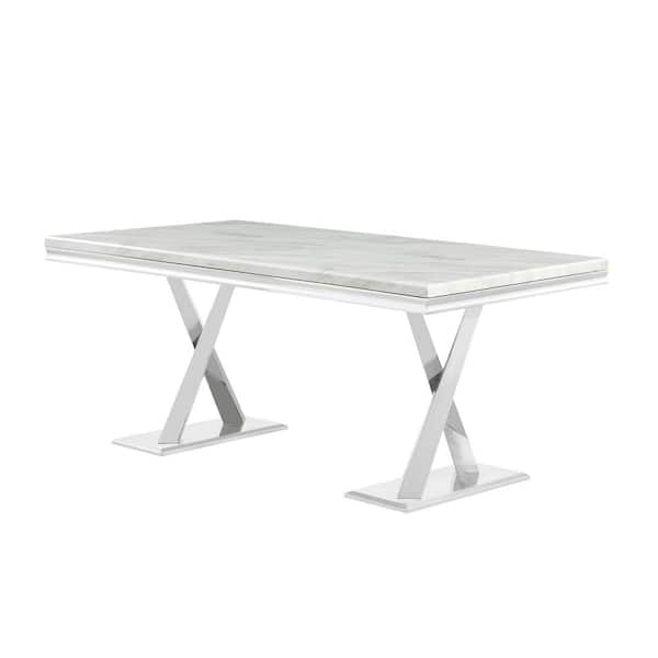 Best Master Furniture Lexim 70 in. L Faux Marble Silver Cross Leg Dining Table (Seats 6)