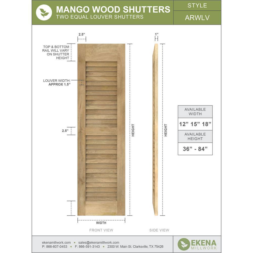 Ocean Swell Gray Mango Wood Exterior Shutters, 12"W x 39"H