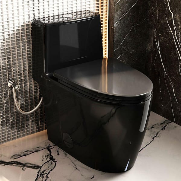 17.3 in. 1-Piece Black Toilet, Elongated Comfort Bowl & ADA Height, Rimless Swirl Dual Flush 1.0/1.28 GPF, Seat Included