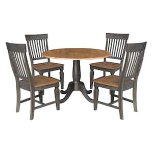 5 Piece Set in Hickory/Washed Coal - 42 in Drop Leaf Pedestal Table - With 4 Slat Back Side Chairs