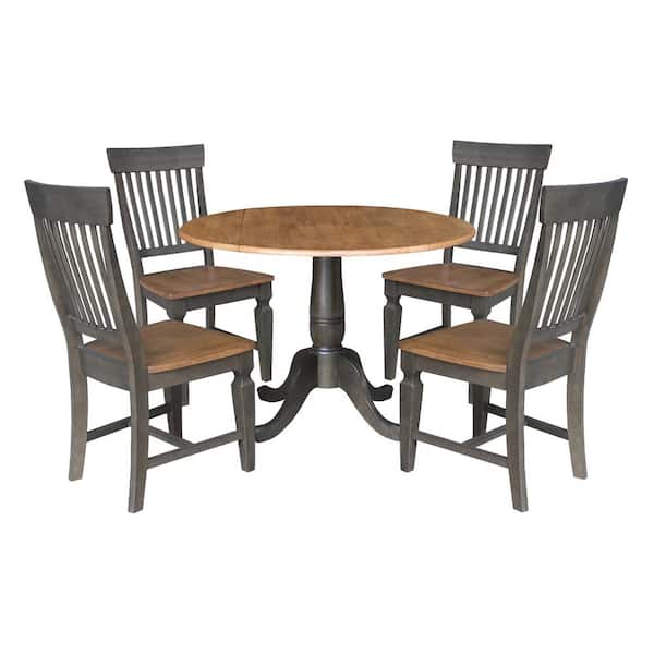 International Concepts 5 Piece Set in Hickory/Washed Coal - 42 in Drop Leaf Pedestal Table - With 4 Slat Back Side Chairs