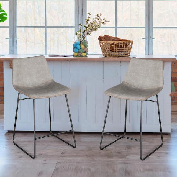 Leisure Chair 24 in. Faux Stone Leather, High Back, Black Steel Bar Stool (Set of 2)