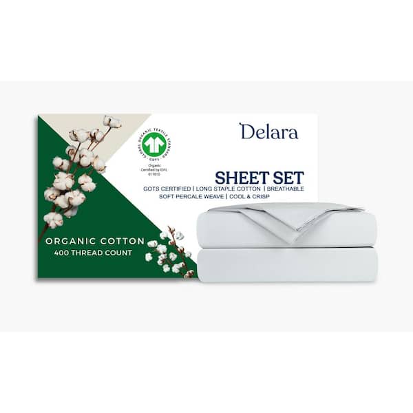 Delara Delara 4-Piece 100% Organic Cotton Percale Weave 400TC Ultra Soft Smooth and Breathable Light Blue Cal King Sheet Set