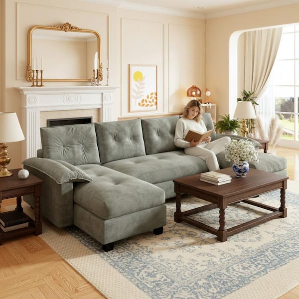 INAK 104.7 in. Sage Gray Chenille Queen Size Convertible U-Shaped Sofa Bed with USB Port and Removable Armrests