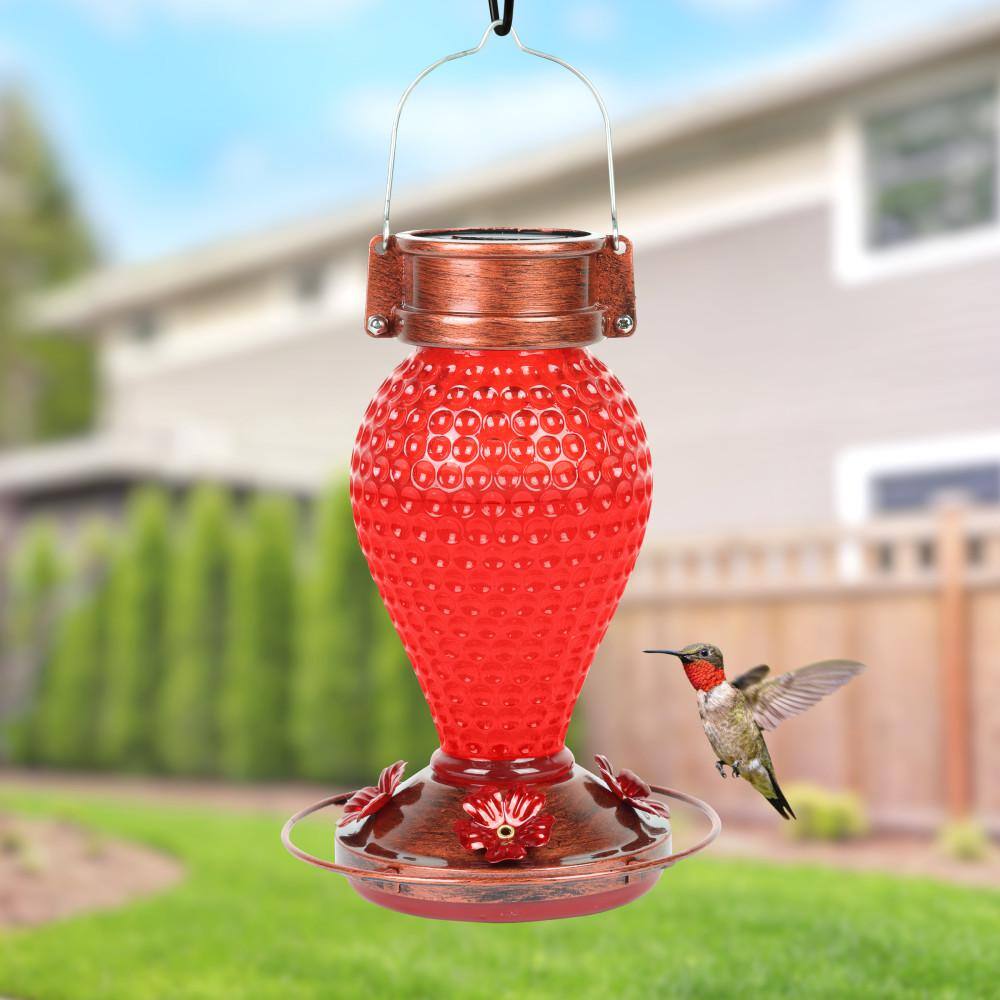 Solar Red Glass and Copper Hanging Hummingbird Feeder