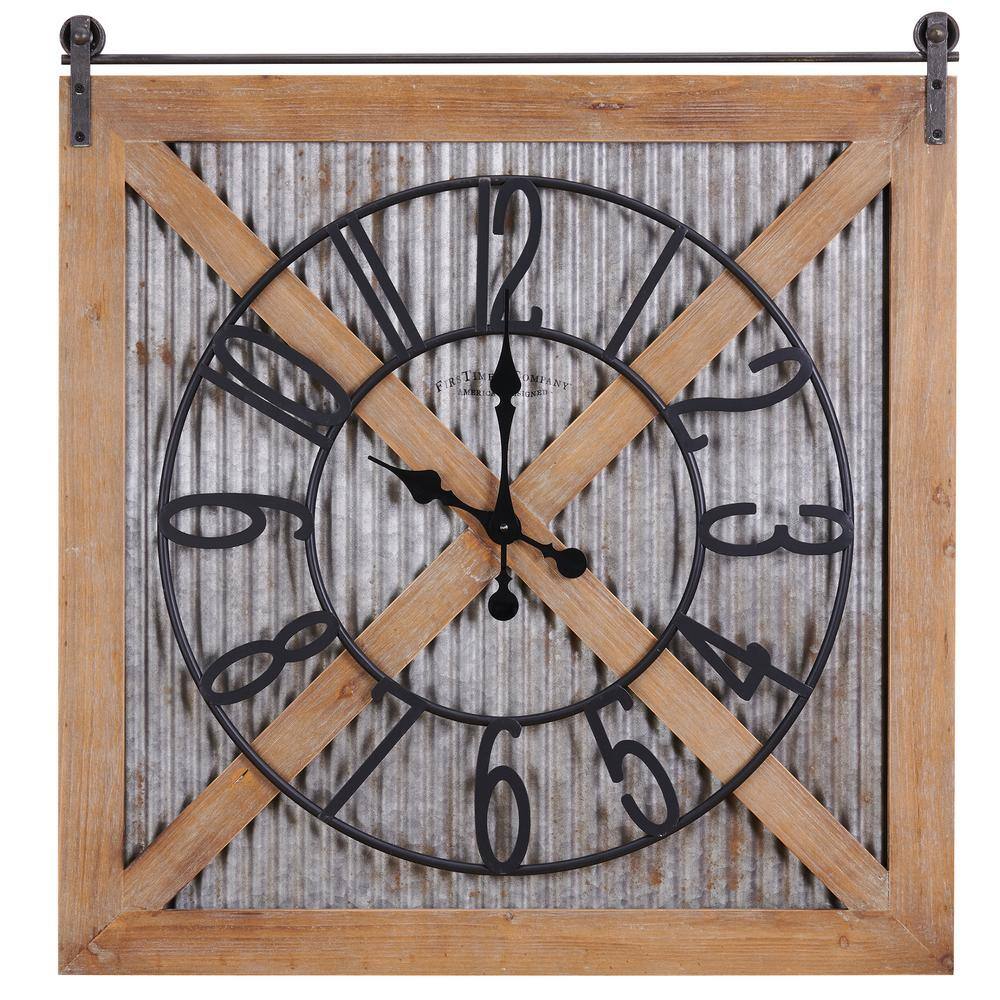 Large Brown and Silver Wood Farmhouse Wall Clock