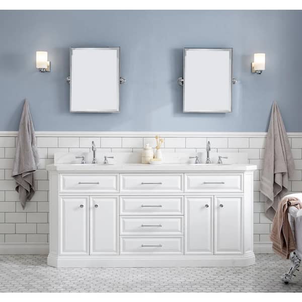 Palace 72 in. W x 22 in. D x 34 in. H Double Sink Bath Vanity in Pure White with Carrara White Quartz Top and Faucets