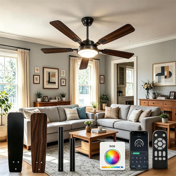 52 in. Indoor/Covered Outdoor Black Reversible Smart Ceiling Fan with Integrated LED and Remote Control