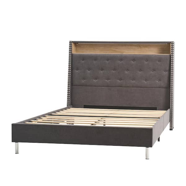 JAYDEN CREATION Sergio Dark Grey Modern 61.5 in. Night Light Bed with Storage Compartments-Queen