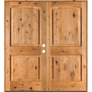 60 in. x 80 in. Rustic Knotty Alder 2-Panel Arch Top Clear Stain Left-Hand Inswing Wood Double Prehung Front Door