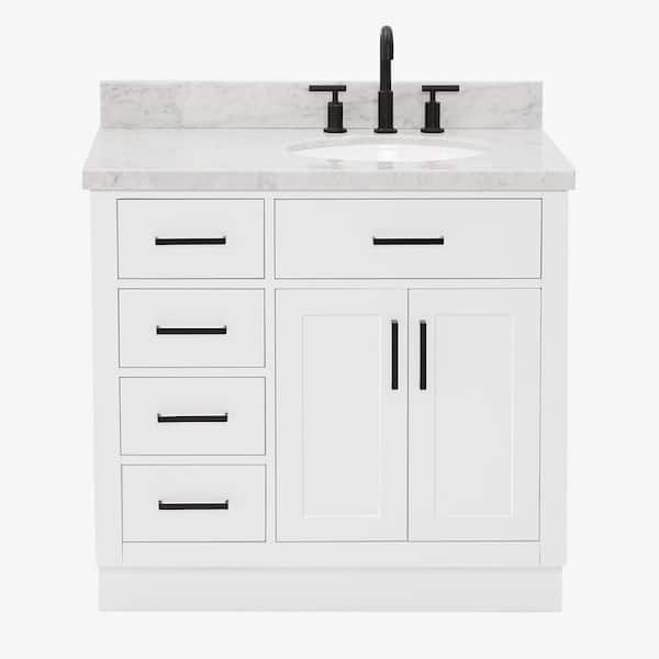 Hepburn 37 in. W x 22 in. D x 36 in. H Bath Vanity in White with Carrara Marble Vanity Top in White with White Basin