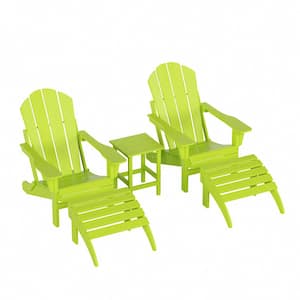 Laguna (5-Piece) Outdoor Patio Classic HDPE Folding Adirondack Chair with Ottoman and Side Table Set in Lime