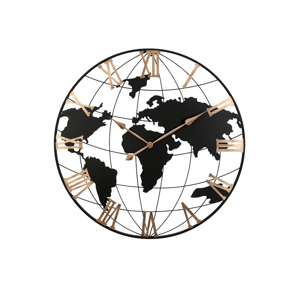 Handcrafted Modern 36 in. Black Metal Silent World Map Wall Clock with Gold