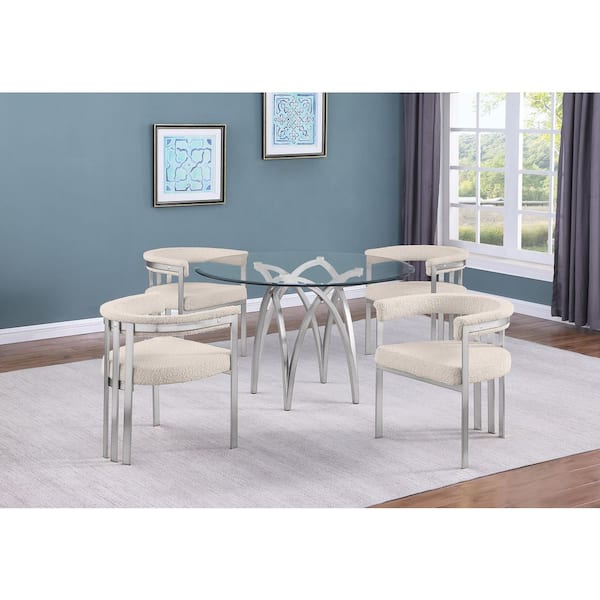Best Quality Furniture Bayton 5-Piece Clear Tempered Glass Top Brushed Matte Chrome-Plated Base Dining Set With 4 Cream Boucle Fabric Chairs