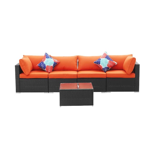 OVASTLKUY Black 5-Piece Wicker Outdoor Patio Furniture Sofa Set with Orange Cushion